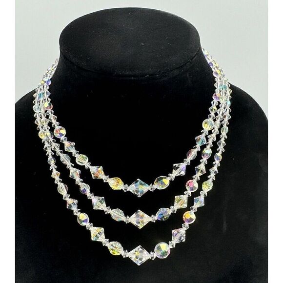 Vintage Jewelry - Vintage Triple Strand Sparkling Aurora Borealis AB Glass Crystal Bead Necklace